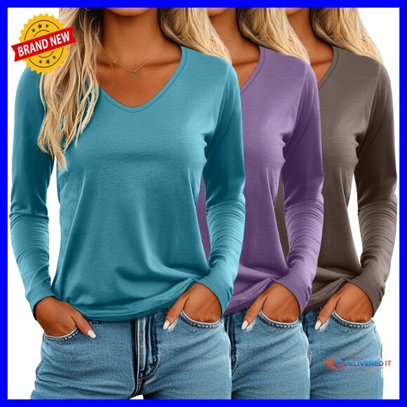 Tops - 3 Pack Long Sleeve V-Neck T-Shirts, Loose Fit Casual Tops, Soft Polyester Blend